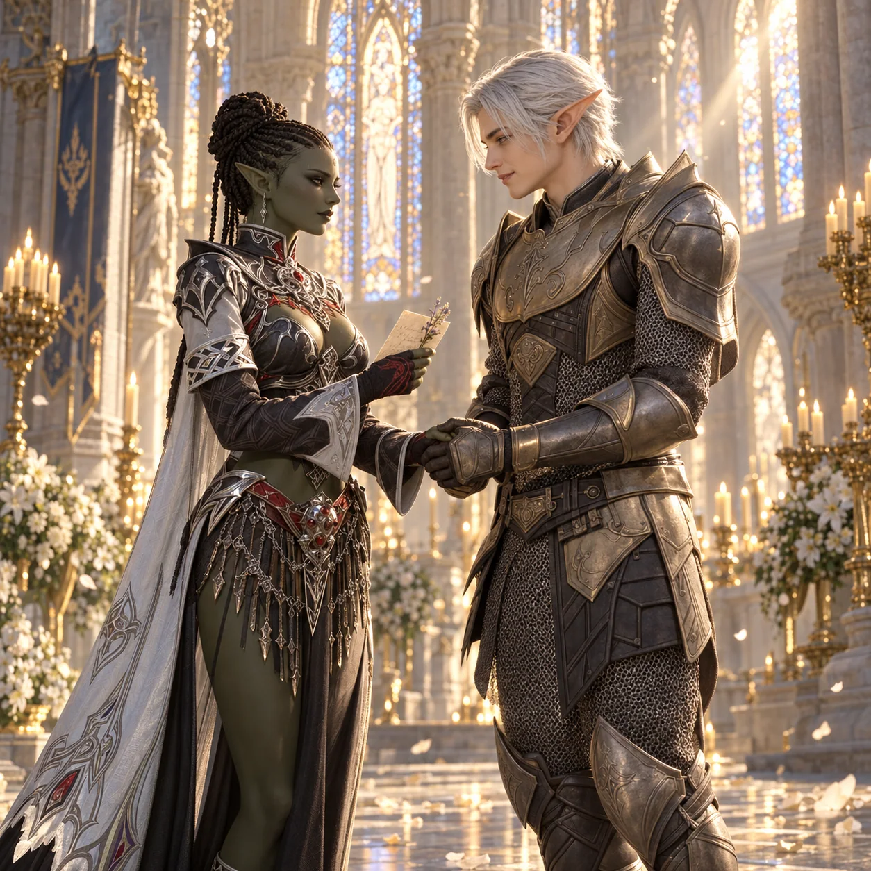 Promotional illustration of an Orc Mage woman in Tallum robe offering a keepsake to an Elf man in Chain Mail heavy armor inside Aden Cathedral