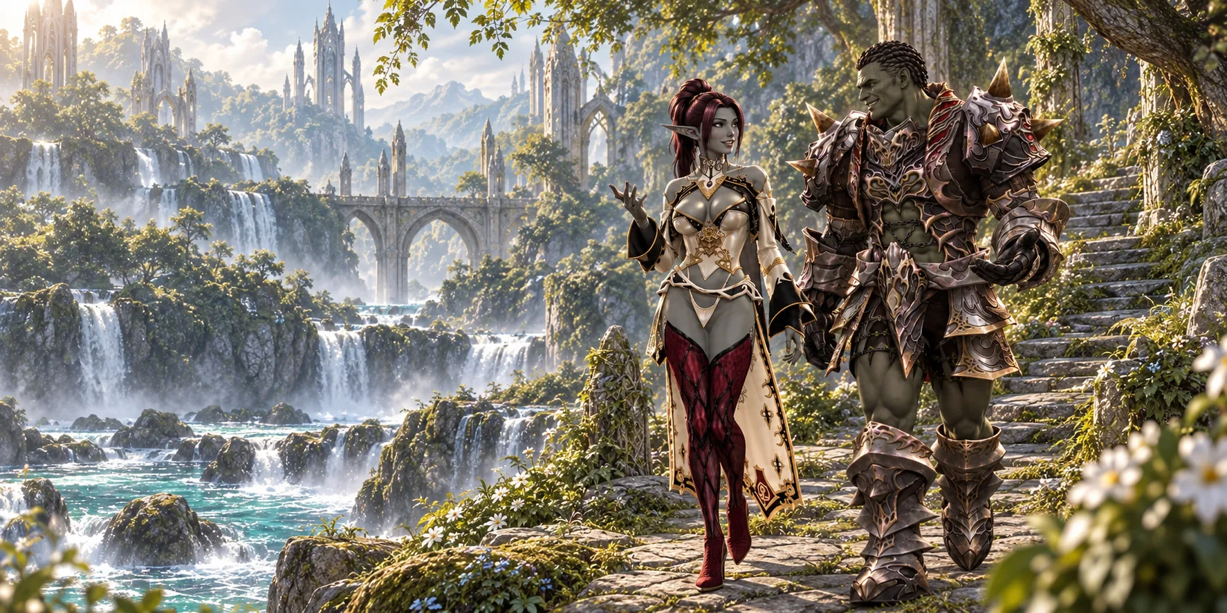 Promotional illustration of a Dark Elf woman in Majestic robe talking with an Orc Fighter man in Apella heavy armor beside Enchanted Valley waterfalls