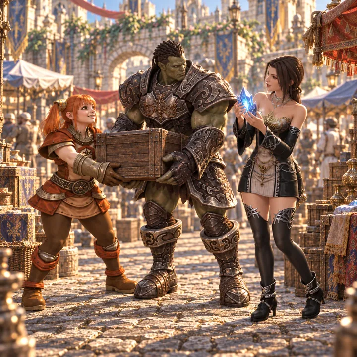 Promotional illustration of a Dwarf woman in Manticore light armor passing a crate to an Orc Fighter man in Doom heavy armor, while a Human Mage woman in Dark Crystal robe studies a crystal at Giran market