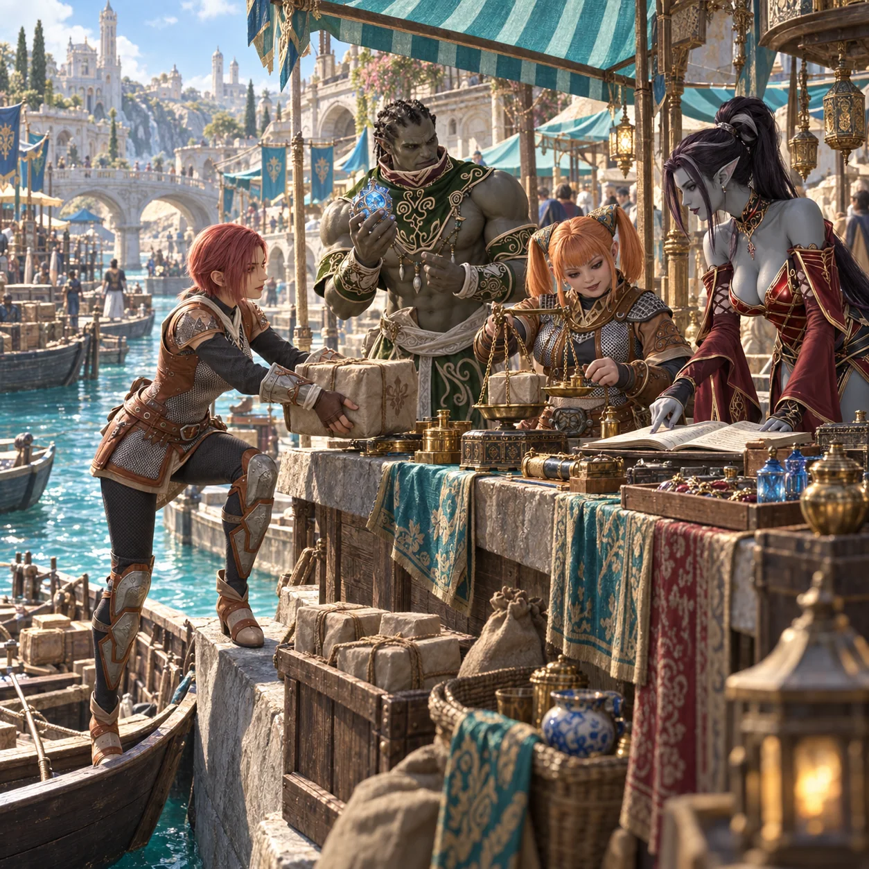 Promotional illustration of a Human Fighter woman in Plated Leather light armor delivering goods to a Dwarf woman in Mithril light armor, with an Orc Mage man in Divine robe and a Dark Elf woman in Nightmare robe at Heine market