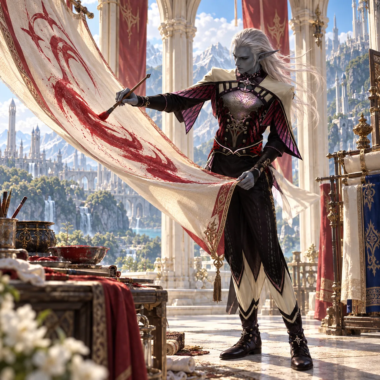 Promotional illustration of a Dark Elf man in Arcana robe painting a crimson ceremonial banner at Ivory Tower
